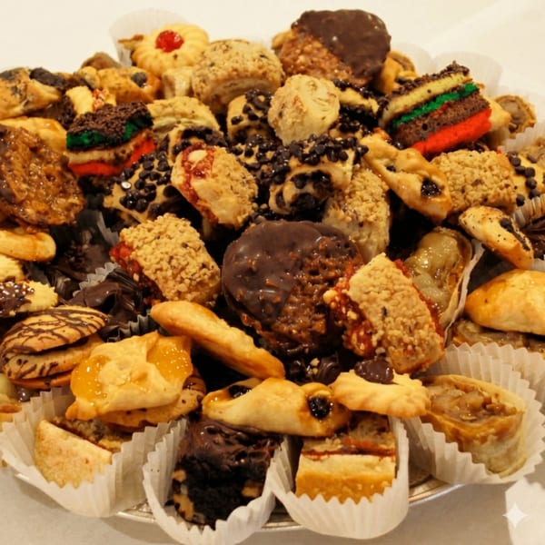 A close-up of a platter filled with an assortment of Canter's Deli cookies and pastries.