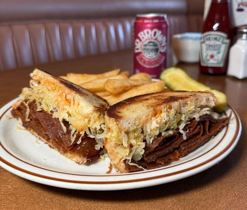 Mrs Goldfarbs Vegetarian Corned Beef/ Pastrami Reuben.