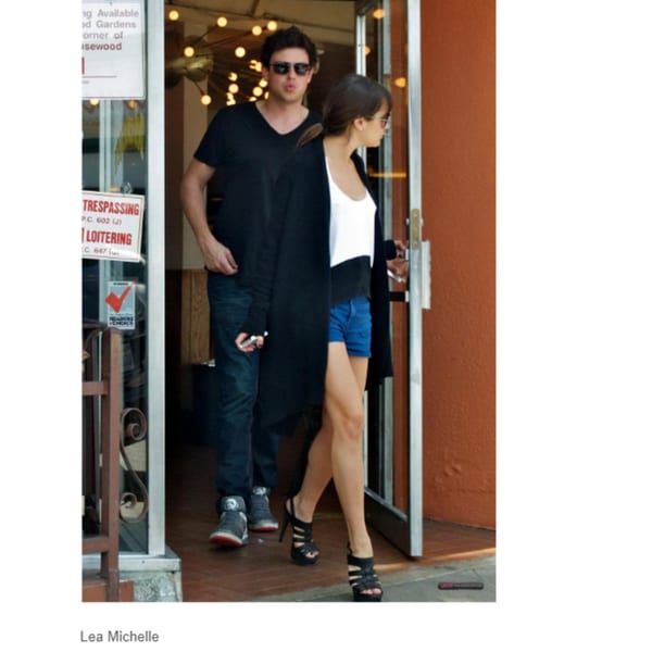 Lea Michele and a man exiting Canter's Deli, with a "No Trespassing" sign visible.