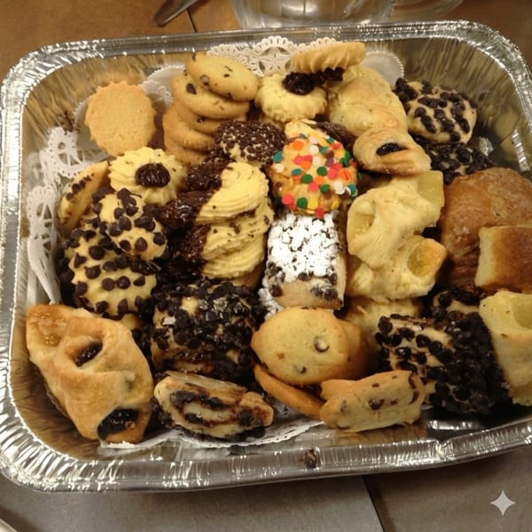 A foil tray filled with an assortment of Canter's Deli cookies and pastries.