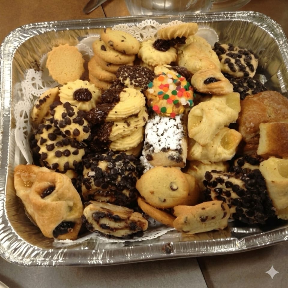 A foil tray filled with an assortment of Canter's Deli cookies and pastries.