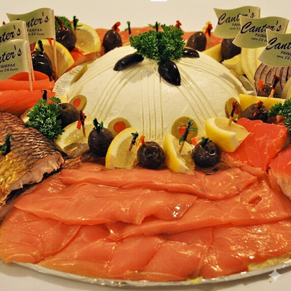 Canter's Deli platter with lox, smoked fish, cream cheese, olives, and lemon slices.